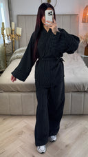 Striped Cardigan Tie Belt Set Split Detail