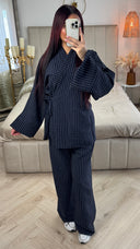 Striped Cardigan Tie Belt Set Split Detail