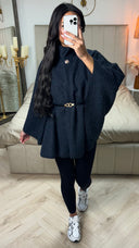 Teddy Tie Belt Oversized Poncho Golden Button