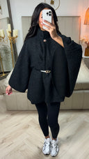 Teddy Tie Belt Oversized Poncho Golden Button