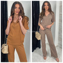 Thin Ribbed Collar Detail Wide Leg Set