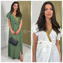 Tie Belt Dress Golden Neck Front Split Ruffle Sleeves