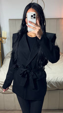 Tie Belt Puff Shoulder Button Blazer