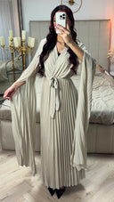 Tie Belt V Neck Pleated Dress + Shawl Sleeves