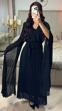 Tie Belt V Neck Pleated Dress + Shawl Sleeves
