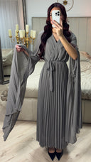 Tie Belt V Neck Pleated Dress + Shawl Sleeves