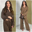 V Neck Collar Thick Corduroy Wide Leg Set
