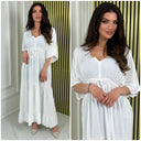 V Neck Half Sleeve Pleated Tie Belt Dress