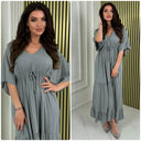 V Neck Half Sleeve Pleated Tie Belt Dress