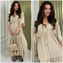 V Neck Half Sleeve Pleated Tie Belt Dress