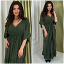 V Neck Half Sleeve Pleated Tie Belt Dress