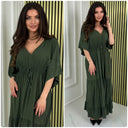 V Neck Half Sleeve Pleated Tie Belt Dress