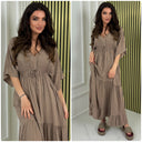 V Neck Half Sleeve Pleated Tie Belt Dress