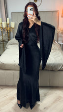 V Neck Print Tie Belt Dress Wide Sleeves