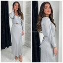 V Neck Thin Ribbed Tie Belt Gold Dress