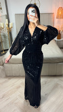 V Neck Sequin Dress Maxi Waist Detail