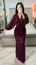 V Neck Sequin Dress Maxi Waist Detail