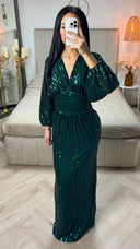 V Neck Sequin Dress Maxi Waist Detail