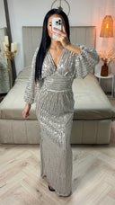 V Neck Sequin Dress Maxi Waist Detail