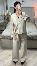 Wrap Cardigan Tie Blouse Set