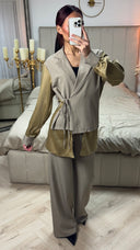 Wrap Cardigan Tie Blouse Set