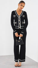 Contrast Knit Two-Piece Set met Gouden Knopen