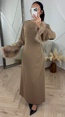Abaya Maxi Jurk met Feather Manchetten en Taillekoord