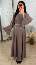 Abaya Maxi Jurk met Parelrand en Tailleceintuur