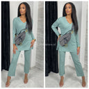 V Neck Thin Ribbed Wide Leg Musthave Set
