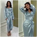 2pcs Metallic Top + Tie Belt Skirt Set