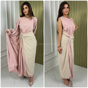 2pcs Set Multicolor Sleeveless Tie Belt Dress + Kimono Pocket Detail