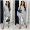 V Neck Thin Ribbed Wide Leg Musthave Set