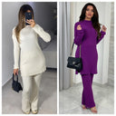 Ribbed High Neck Side Splits Long Wide Leg Set