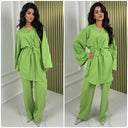 Basic V Neck Tie Belt Wide Sleeve + Leg Set