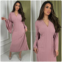 Pleated Tie Belt Dress Wide Sleeves