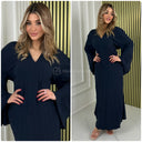 Pleated Tie Belt Dress Wide Sleeves