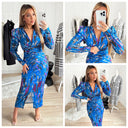 V Neck Printed Dress Taille Detail Shoulder Pads 7932-1