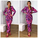 Trending Motif Print Dress Taille Detail Shoulder Pads 7932-2