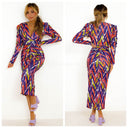 Trending Motif Print Dress Taille Detail Shoulder Pads 7932-2