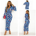 Trending Motif Print Dress Taille Detail Shoulder Pads 7932-2