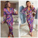 Trending Motif Print Dress Taille Detail Shoulder Pads 7932-2