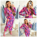 Trending Motif Print Dress Taille Detail Shoulder Pads 7932-2