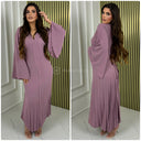 Pleated Tie Belt Dress Wide Sleeves