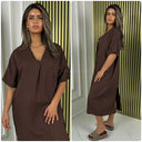 Backsplit Premium Stripe Material V Neck Dress