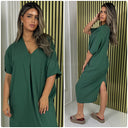 Backsplit Premium Stripe Material V Neck Dress