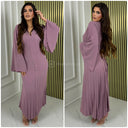 Pleated Tie Belt Dress Wide Sleeves