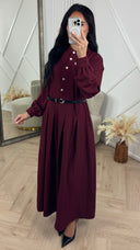 Abaya Maxi Jurk met Plooien en Gouden Knopen