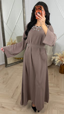 Abaya Maxi Jurk met Strass Hals en Tailleceintuur