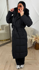 Gewatteerde Lange Puffer Jas met Capuchon en Ceintuur