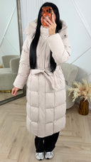 Gewatteerde Lange Puffer Jas met Capuchon en Ceintuur